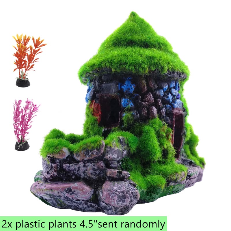 M2cbridge Aquarium Decorations Fish Hideout House Betta Cave with Green Lifelike Moss (Style 1) - Image 2